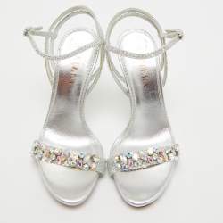Le Silla Sliver Leather Crystal Embellished Ankle Strap Sandals Size 36