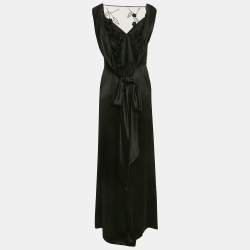 Nicole Bakti Black Satin Embroidery Detail Sleeveless Maxi Dress M