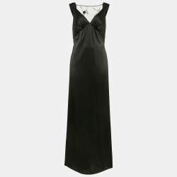Nicole Bakti Black Satin Embroidery Detail Sleeveless Maxi Dress M