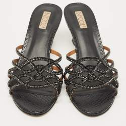 Pre Owned Nicoli Black Snakeskin Embossed Leather Nadege 55 Slide Sandals Size 39