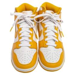 Pre Owned Nike Dark Sulfur/White Leather Dunk High Top Sneakers Size 36.5