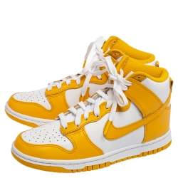 Pre Owned Nike Dark Sulfur/White Leather Dunk High Top Sneakers Size 36.5