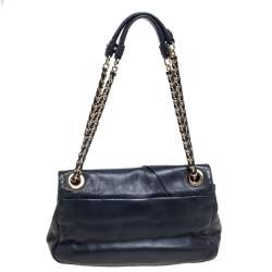 Pre Owned Nina Ricci Navy Blue Pleated Leather Bow Shoulder Bag