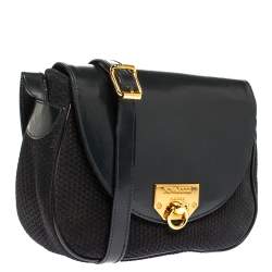 Pre Owned Nina Ricci Dark Blue Woven Suede and Leather Flap Shoulder Bag