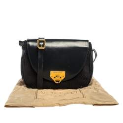 Pre Owned Nina Ricci Dark Blue Woven Suede and Leather Flap Shoulder Bag