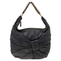 Nina Ricci Dark Grey Pleated Leather Chain Hobo 