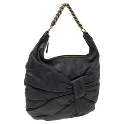 Nina Ricci Dark Grey Pleated Leather Chain Hobo 