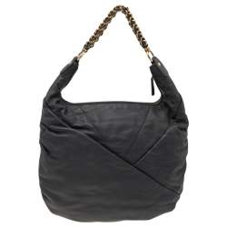 Nina Ricci Dark Grey Pleated Leather Chain Hobo 