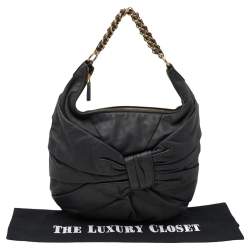 Nina Ricci Dark Grey Pleated Leather Chain Hobo 