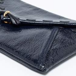 Nina Ricci Navy Blue Crinkle Patent Leather Bow Envelope Flap Clutch