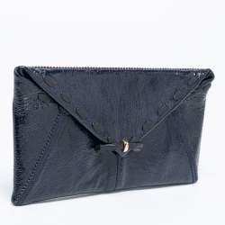 Nina Ricci Navy Blue Crinkle Patent Leather Bow Envelope Flap Clutch