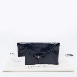 Nina Ricci Navy Blue Crinkle Patent Leather Bow Envelope Flap Clutch