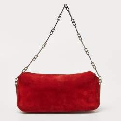 Pre Owned Nina Ricci Red Suede Chainlink Baguette Bag