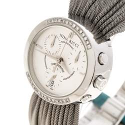 Pre Owned Nina Ricci Silver White Stainless Steel Diamonds N021.15 Chronograph Women's Wristwatch 32 mm