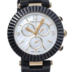 Nina Ricci Mother Of Pearl Black Ceramic Gold Tone Stainless Steel Chronograph Classic N034998SM Women's Wristwatch 40 mm