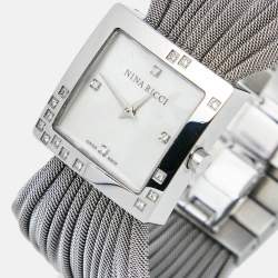 Pre Owned Nina Ricci White Mother of Pearl Stainless Steel Diamond N019.12 Women's Wristwatch 24 mm