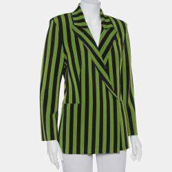 Norma Kamali Green & Black Striped Neoprene Double Breasted Blazer M