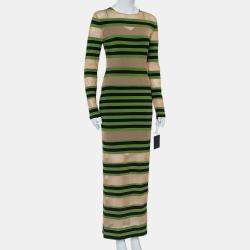 Pre Owned Norma Kamali Beige Mesh & Striped Knit Paneled Spliced Sheer Maxi Dress L