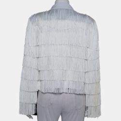 Norma Kamali White Knit Fringed Open Front Collared Jacket M