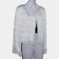 Norma Kamali White Knit Fringed Open Front Collared Jacket M
