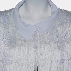 Norma Kamali White Knit Fringed Open Front Collared Jacket M