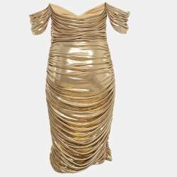 Norma Kamali Gold Gathered Jersey Winglet Sleeve Walter Dress L