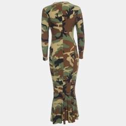 Pre Owned Norma Kamali Green Camouflage Jersey Fishtail Midi Dress S