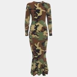 Pre Owned Norma Kamali Green Camouflage Jersey Fishtail Midi Dress S