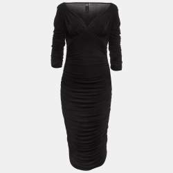 Norma Kamali Black Lycra Shirred Side Detail Tara Midi Dress M