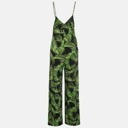 Norma Kamali Black/Green Palm Leaf Print Jersey Slip Jumpsuit M