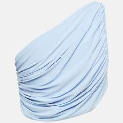 Pre Owned Norma Kamali Blue Jersey Ruched One-Shoulder Sleeveless Top S