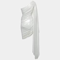 Norma Kamali Silver Lamé Jersey Long One Shoulder Ruched Mini Dress XXS