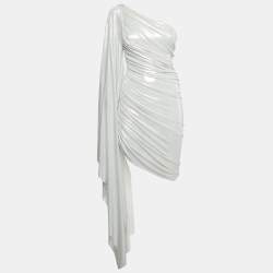 Norma Kamali Silver Lamé Jersey Long One Shoulder Ruched Mini Dress XXS
