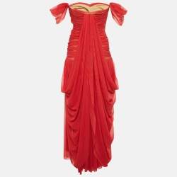 Pre Owned Norma Kamali Red Stretch Mesh Knit Ruched Gown S