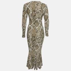 Pre Owned Norma Kamali White/Green Python Print Jersey Fishtail Maxi Dress S