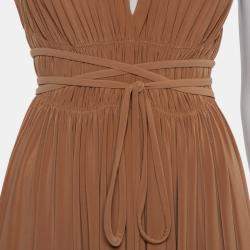 Pre Owned Norma Kamali Camel Brown Knit Ruched Waist &Tie Detail Goddess Dress M
