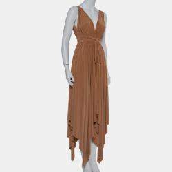 Pre Owned Norma Kamali Camel Brown Knit Ruched Waist &Tie Detail Goddess Dress M