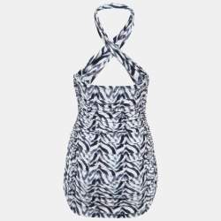 Norma Kamali White/Blue Chevron Zebra Print Jersey Halter Slinky Marissa Swimsuit XL