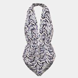 مملوكة مسبقًا Norma Kamali White/Blue Chevron Zebra Print Jersey Halter Slinky Marissa Swimsuit XL