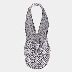 مملوكة مسبقًا Norma Kamali White/Blue Chevron Zebra Print Jersey Halter Slinky Marissa Swimsuit XL