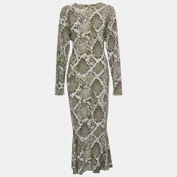 Norma Kamali White/Green Python Print Jersey Fishtail Midi Dress XL