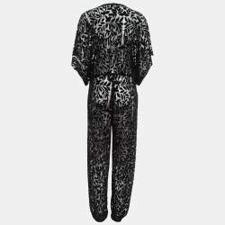 Pre Owned Norma Kamali Black Textured Semi-Sheer Lace Rectangle Jog Jumpsuit L