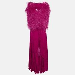 مملوكة مسبقًا Not So Serious Pink Floral Jacquard Feather Embellished Jacket and Dress Set S