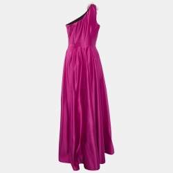 Notte By Marchesa Fuchsia Pink Duchess Satin Floral Applique One Shoulder Gown M