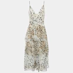 Pre Owned Notte By Marchesa Beige Leaf Appliqué Tulle Tiered Midi Dress XL