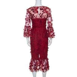 Notte by Marchesa Burgundy 3D Floral Lace Midi Dress M