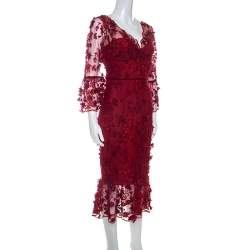 Notte by Marchesa Burgundy 3D Floral Lace Midi Dress M