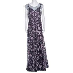 Notte by Marchesa Navy Blue And Purple Rose Embroidered Gown L