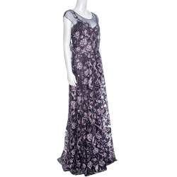 Notte by Marchesa Navy Blue And Purple Rose Embroidered Gown L