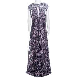 Notte by Marchesa Navy Blue And Purple Rose Embroidered Gown L